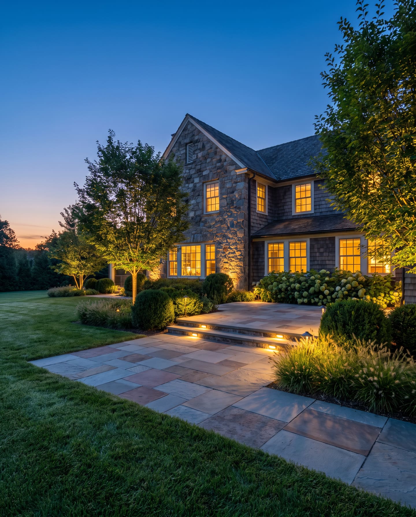 A finished terrace at blue hour — stand-in art in place of a portrait