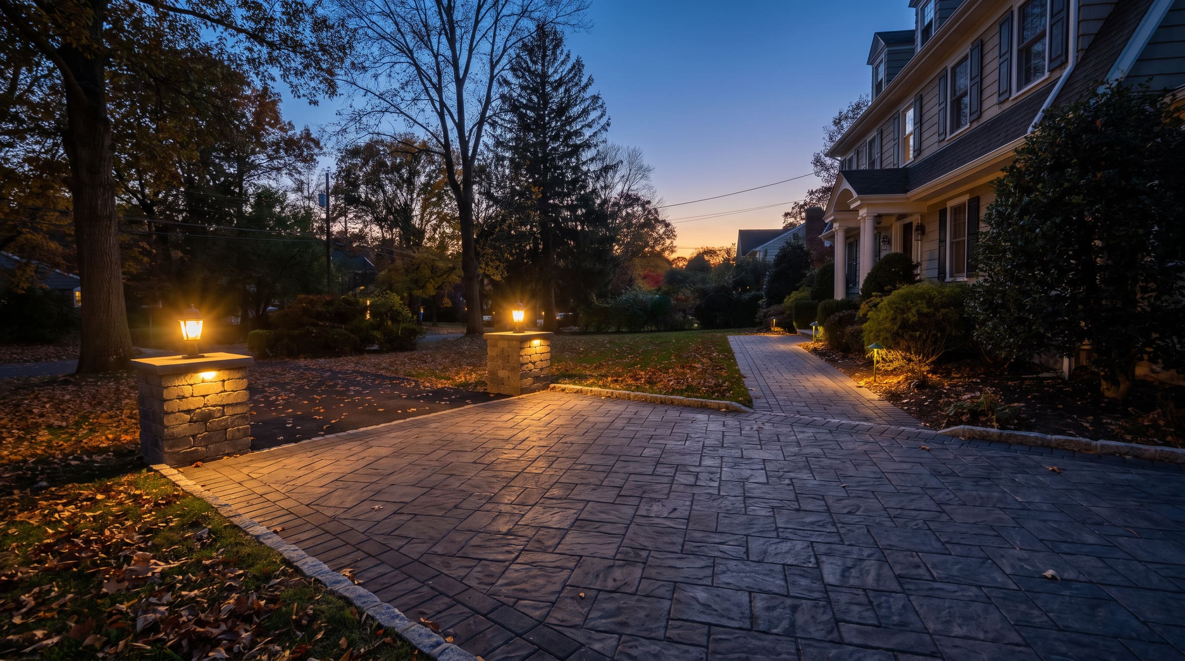 1,850 SF driveway, 240 SF entry walk, 2 piers in Ridgewood at dusk — stand-in art at final crop