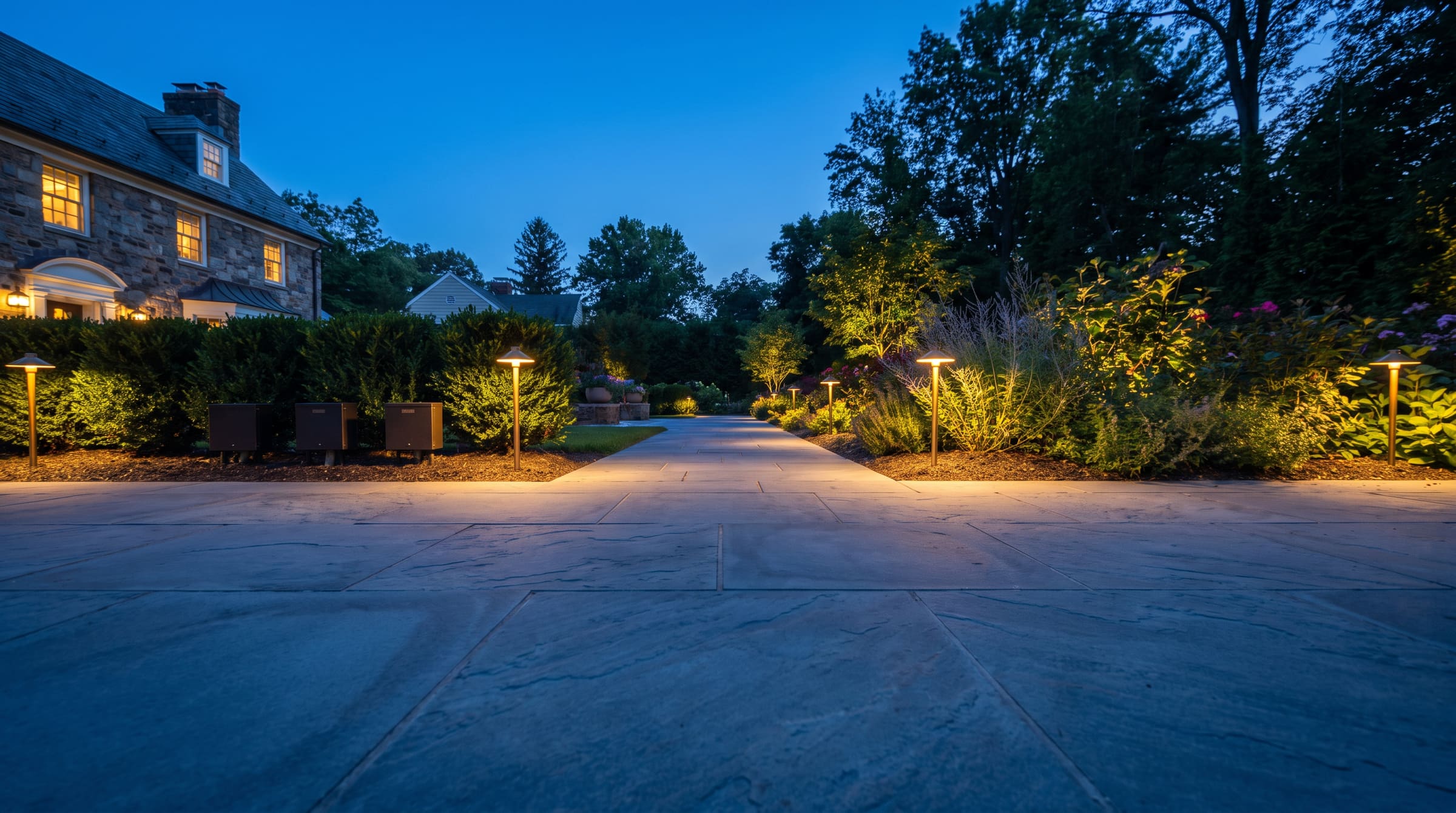 46 fixtures, 3 transformers, 1,900 LF of cable in Millburn at dusk — stand-in art at final crop